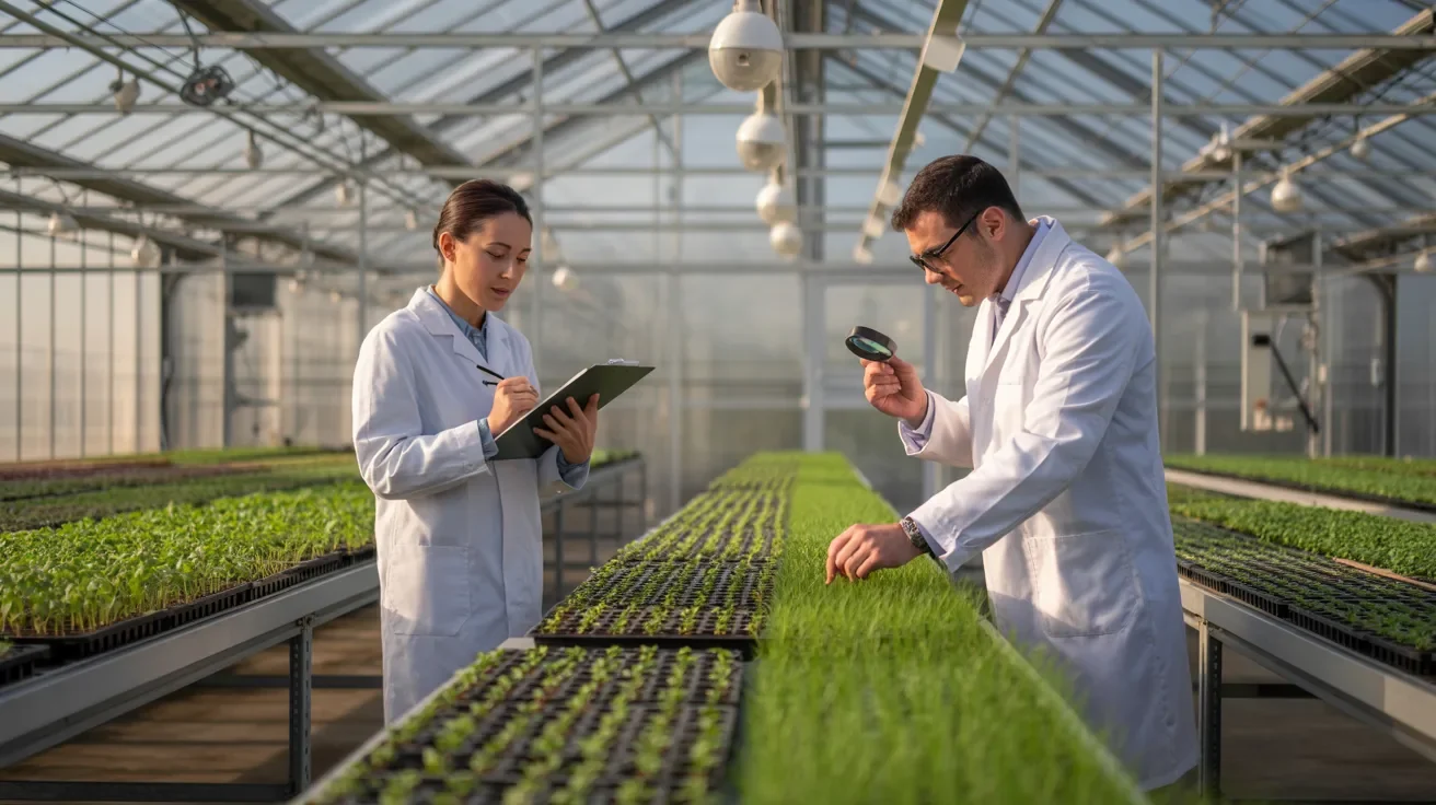Two scientists in lab coats examining plants inside a greenhouse filled with various greenery.