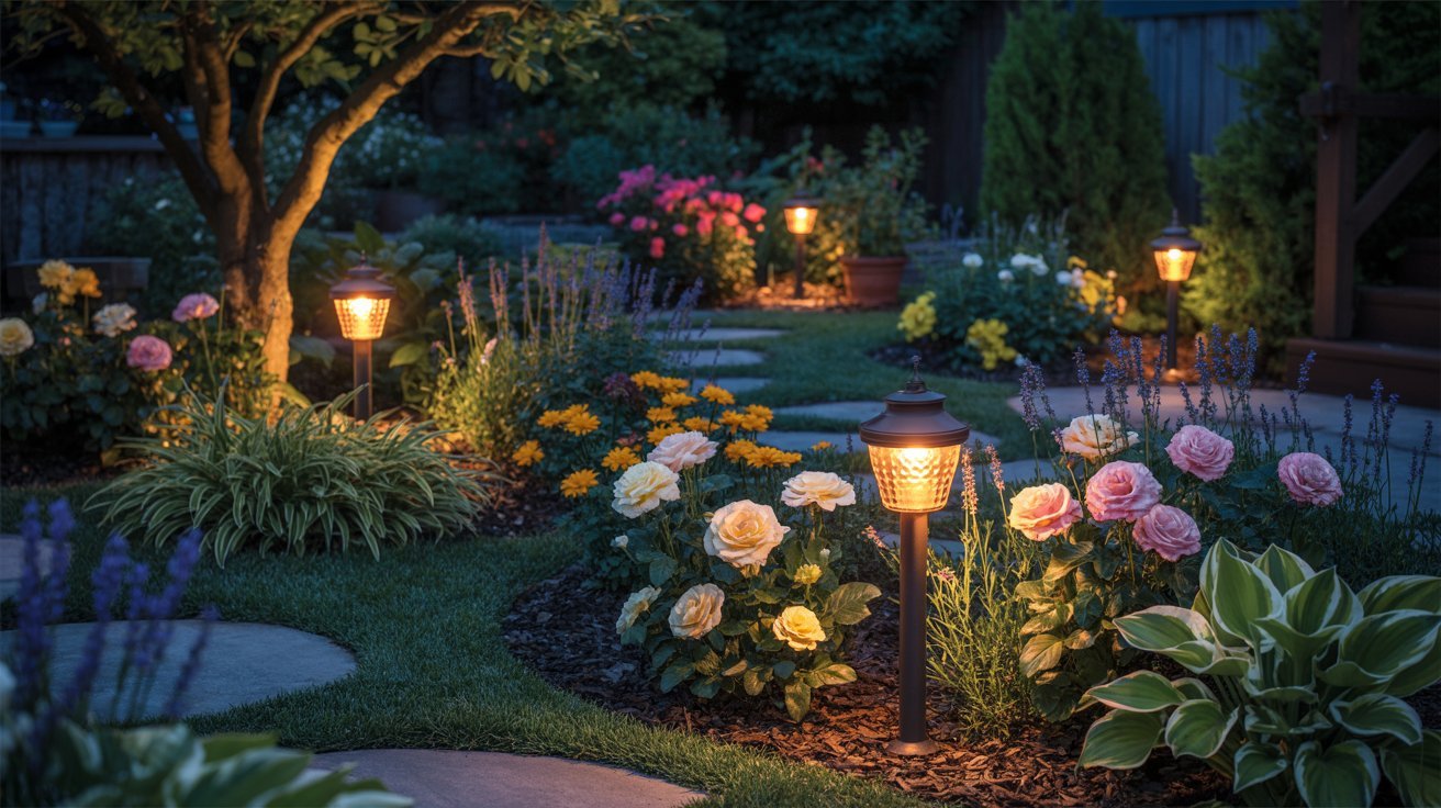 A vibrant garden filled with colorful flowers and twinkling lights illuminating the evening atmosphere. 

