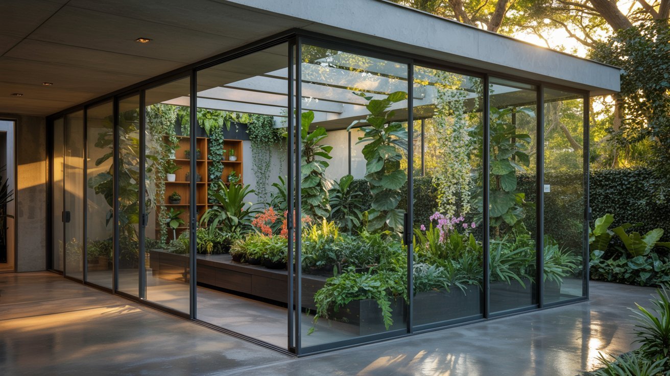 Greenhouse room addition attached to a modern home