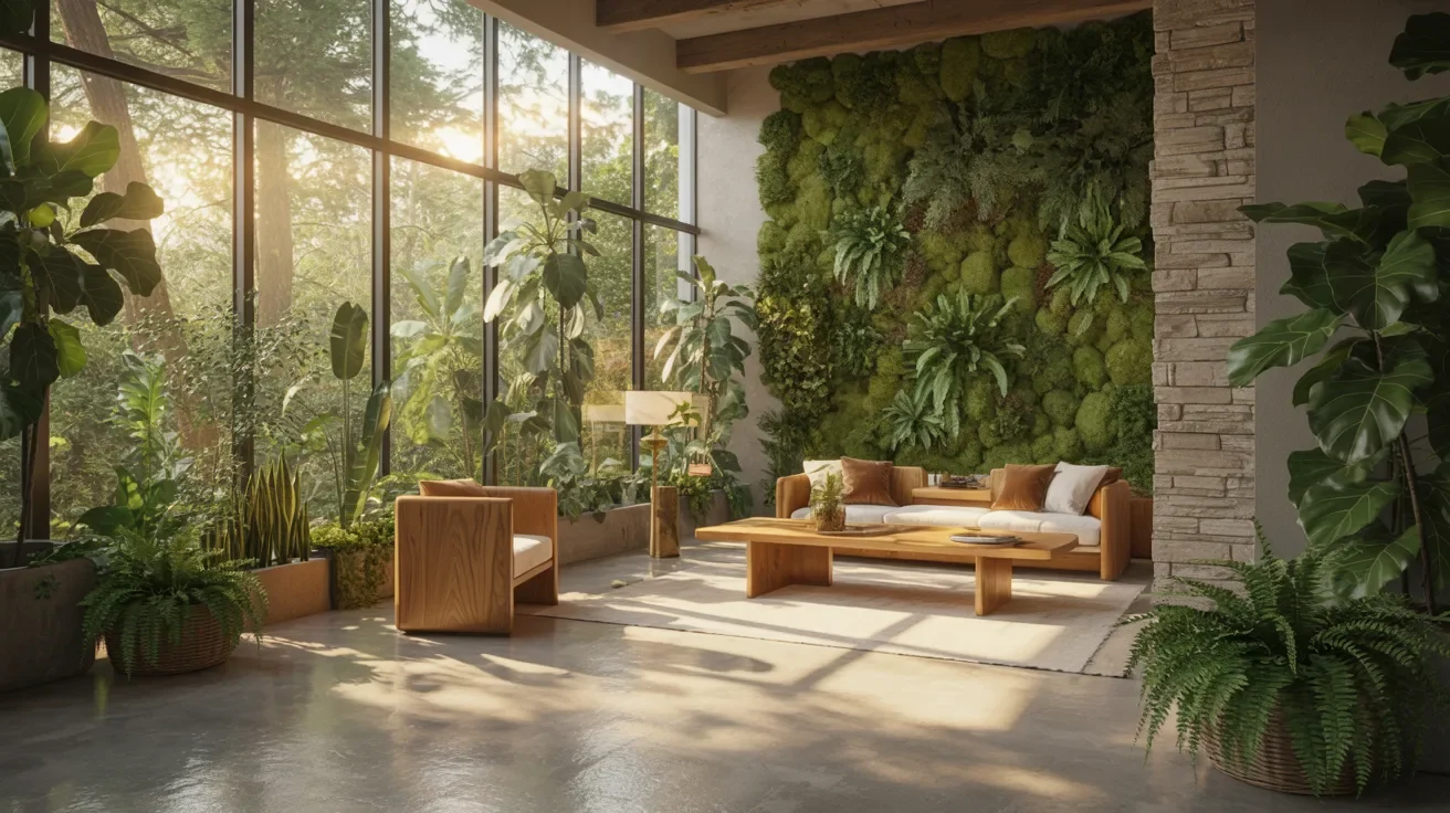A cozy living room featuring various plants and stylish furniture arranged for comfort and relaxation.