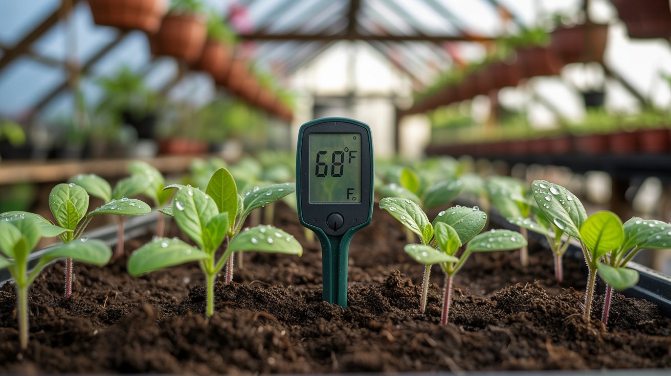 Thermometer showing proper temperature for seed germination in a greenhouse.