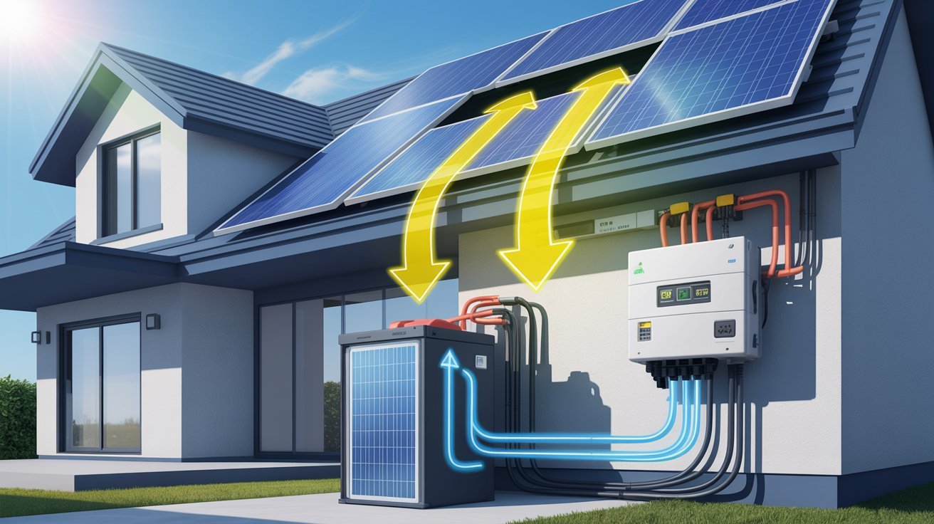 Diagram showing how solar panels store electricity in a home battery system