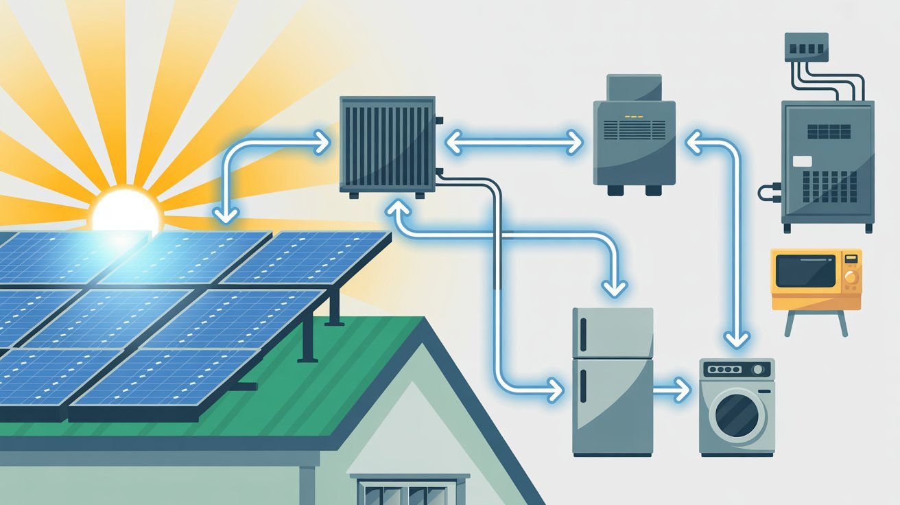 A residential solar power system with solar panels on the roof, designed to harness renewable energy for the home.
