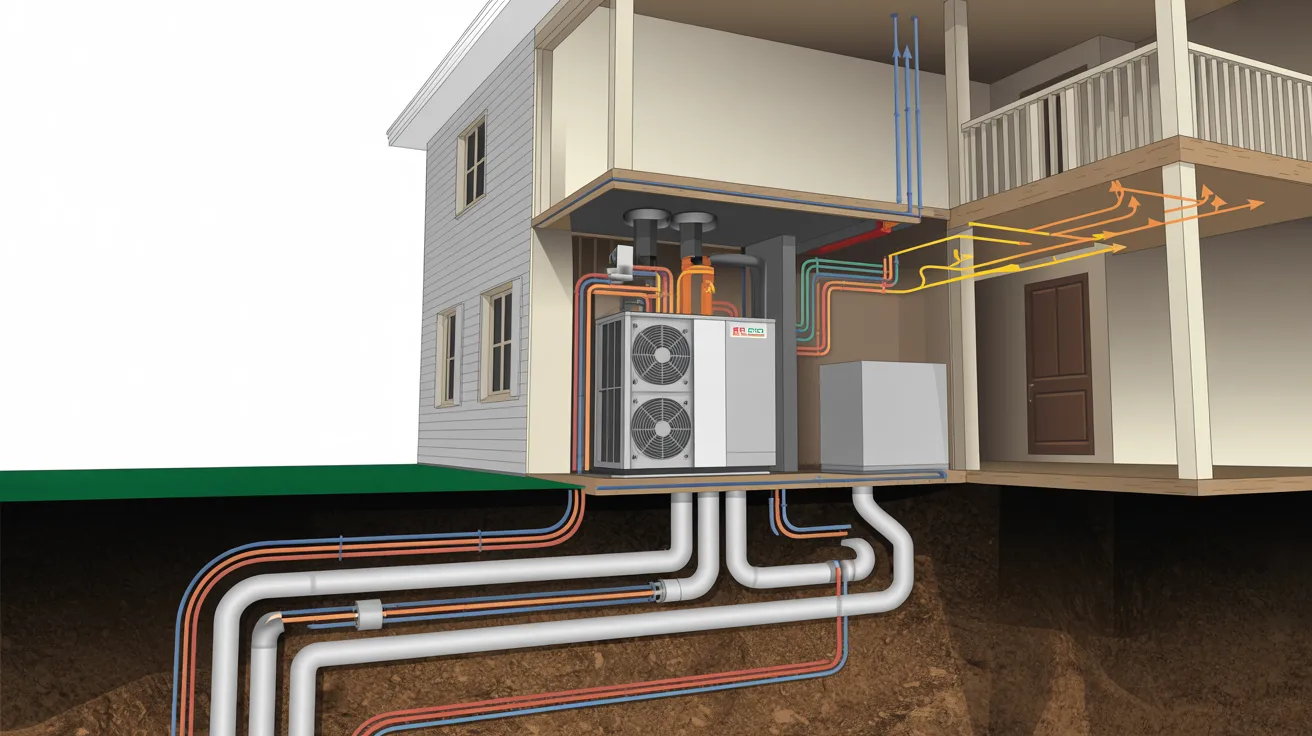 Diagram of a residential geothermal heat pump system showing ground loops and indoor heat transfer